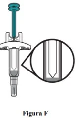 Diagramma tecnico di una siringa con un ingrandimento circolare che mostra il dettaglio della punta dell'ago e del liquido interno