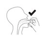 Line drawing of a human profile inserting a tablet into the mouth with one hand, accompanied by a black checkmark