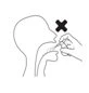 Line drawing of a human profile with an open mouth and a hand holding an object near the mouth, with a black cross over it