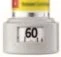 Close-up of a white pharmaceutical vial with a black graduated scale and the number 60 printed prominently in the center