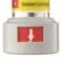 White pharmaceutical vial with a yellow label and a red front box showing a white arrow pointing downward