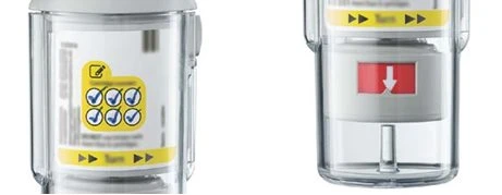 Two close-ups of a transparent medical device with yellow labels and a white arrow on a red background indicating the direction of rotation