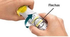 Two hands holding a white vial with a yellow cap, and a blue curved arrow indicating the rotation movement toward the