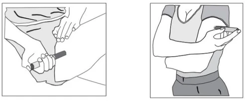Black and white drawing showing a person injecting a drug into their thigh and a