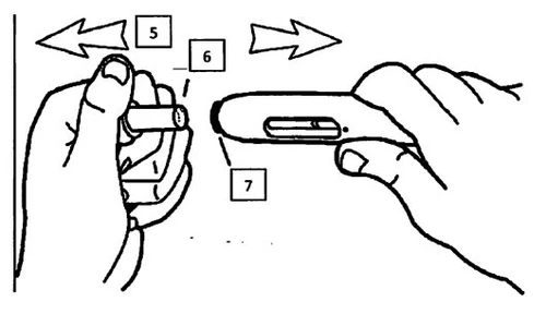 Technical drawing showing two hands separating a medical device indicated by numbers 5, 6, and 7 with opposing directional arrows