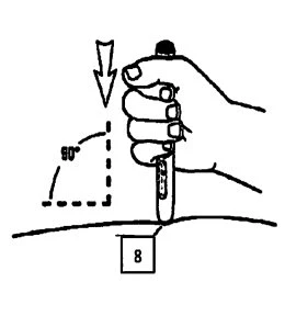 Technical drawing showing a hand holding an injection pen to be inserted vertically into the skin at a 90-degree angle