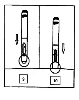 Medical diagram with two injection pens numbered 9 and 10, with downward-pointing arrows indicating downward pressure movement on the base