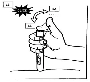 Hand holding a medical device with arrows indicating movement between numbers 11, 12, and 13, with the word CLICK in a