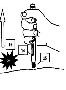 Technical drawing of a hand holding an injection pen above the skin with identification numbers 14, 15, and 16 and an arrow pointing toward the