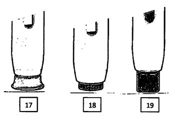 Three schematic drawings numbered 17, 18, and 19 showing different stages of a medical container or vial with variations in the upper and lower parts
