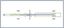 Diagramma tecnico che mostra lo smontaggio di un dispositivo medico con frecce blu che indicano il movimento di separazione dei componenti