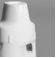 Close-up of a white pharmaceutical bottle with cap and a small dark label on a neutral gray background