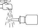 Black and white line drawing of an open tap pouring water into a dropper bottle for container cleaning
