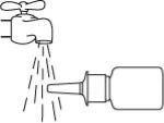 Line drawing of an open tap with water flowing into a nasal rinse spray bottle