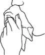 Line drawing showing two hands squeezing and manipulating a piece of fabric or soft, crumpled material
