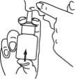 Black and white drawing showing a hand holding a small bottle while a finger presses the top of the cap to extract the contents