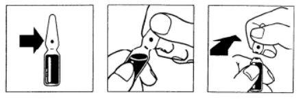 Tre disegni sequenziali che mostrano come rompere un'ampolla di vetro con le mani premendo sulla parte superiore per separare il collo
