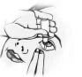 Black and white drawing showing a hand holding a medical device above a person's mouth with fingers pressing it