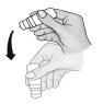 Two hands demonstrating the downward tilting motion of a medicine vial, indicated by a curved black arrow