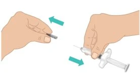 Two hands removing a gray cap from the body of a white syringe with needle, indicated by blue arrows showing the pulling motion