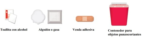 Alcohol wipes, cotton balls or gauze, adhesive bandage, and a red container for sharp or pointed objects on a white background