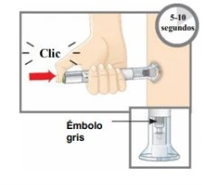 Una mano impugna un autoiniettore contro la coscia con la scritta Clic e un timer di 5-10 secondi e un dettaglio dell'émbolo gris