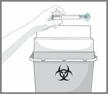 Una mano tiene una siringa sopra un contenitore per rifiuti biologici con il simbolo del rischio biologico per lo smaltimento sicuro