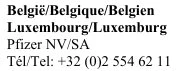 Black text on white background with the names Belgium, Luxembourg, Pfizer NV/SA and a telephone number with Belgian country code