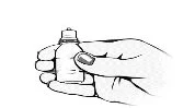 A hand firmly holding a small medicine bottle with the cap closed between the thumb and other fingers
