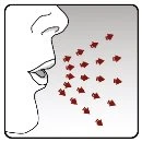 Профиль человеческого лица сбоку с открытой пастью, из которой выходят маленькие красные символы, обозначающие частицы или аэрозоль