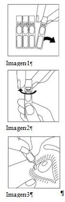 Three sequential drawings show how to open a vial, twist off the cap, and apply a drop of liquid directly into the eye