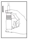 A hand holds vertically a cylindrical container with a black arrow pointing downward indicating the pressing motion