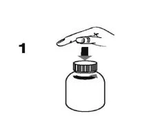 Schematic drawing of a hand pressing with the thumb on the cap of a white vial labeled with the number 1 and a downward-pointing arrow