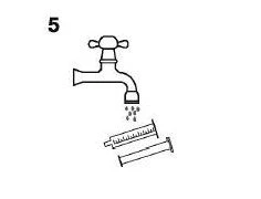 Black and white drawing labeled with the number 5 showing an open tap with water flowing into a syringe and a vial below