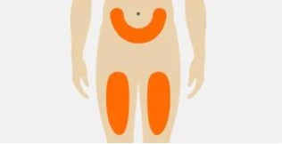 Diagramma del corpo umano con aree arancioni che indicano le zone di applicazione sul corpo