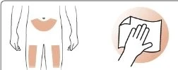 Disegno schematico di un torso umano con zone colorate su addome e cosce accanto a una mano che strofina un fazzoletto su una superficie circolare