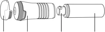 Disegno tecnico esploso di un dispositivo medico con cappuccio, corpo centrale scanalato e parte terminale cilindrica con linee di riferimento