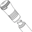 Disegno tecnico in bianco e nero di un dispositivo medico cilindrico composto da due parti che si incastrano tra loro