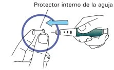 Disegno tecnico che mostra due mani che impugnano un dispositivo medico con una freccia azzurra che indica il protettore interno dell'ago