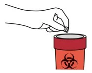 Disegno lineare di una mano che afferra il coperchio di un contenitore rosso con simbolo di rischio biologico per lo smaltimento dei rifiuti