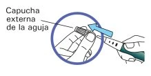 Disegno tecnico che mostra una mano che rimuove il cappuccio esterno dell'ago di una siringa con una freccia azzurra direzionale
