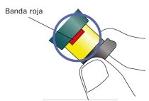 Illustrazione di una mano che tiene un dispositivo medico con una banda rossa evidenziata da un cerchio blu su sfondo bianco