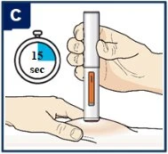 Una mano tiene una penna iniettore appoggiata sulla pelle mentre un cronometro indica un tempo di 15 secondi