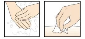 Due disegni mostrano una mano che lava accuratamente la pelle con acqua e sapone e una mano che asciuga la zona con un fazzoletto bianco