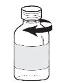 Disegno in bianco e nero di un flaconcino di vetro con una freccia curva che indica il movimento di rotazione del tappo verso sinistra