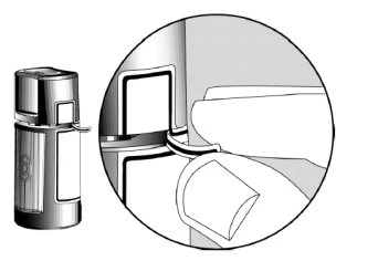 Technical drawing of a cylindrical medical device with a circular magnification showing the detail of the upper locking mechanism