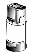 Cylindrical medical device with a white central label and circular arrows on the top indicating rotational movement