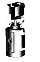 Technical drawing of a cylindrical medical device with an upper cap being rotated to the right around a central pivot