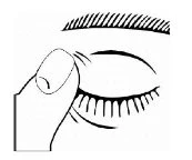 Black and white drawing of a closed eye with long eyelashes and a finger gently pressing on the upper eyelid