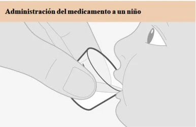 Schematic drawing of a hand offering a small glass with liquid to a child's mouth for oral administration